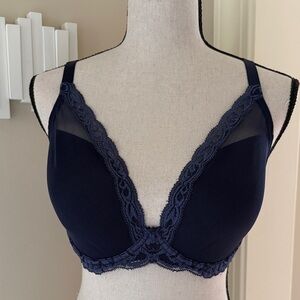 Natori Feathers Contour Plunge T-Shirt Bra 32G Style 730023 Mesh Lace Navy